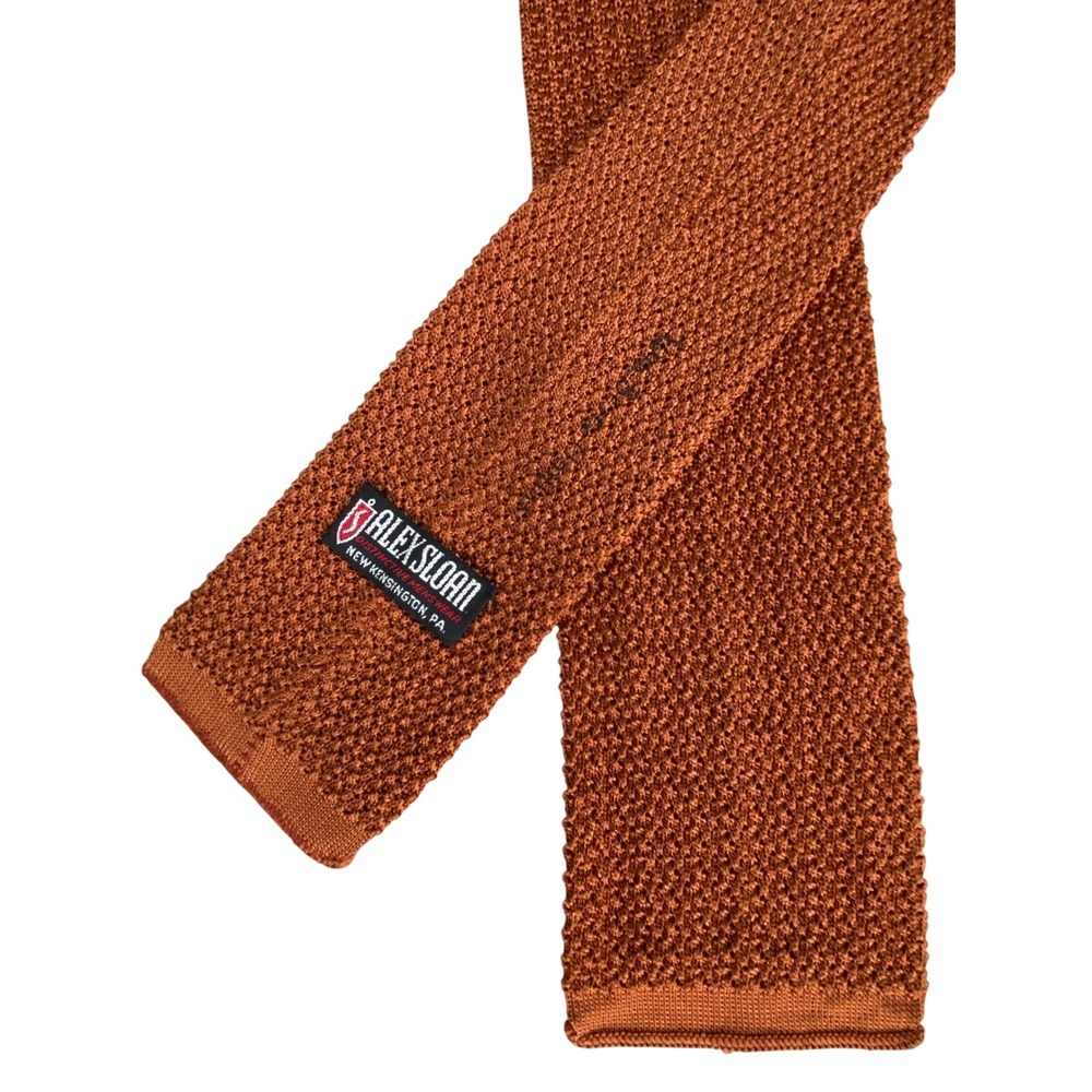 VTG Alex Sloan Rust Orange Brown Knit Tie Mens Square End Rustic Fall Silk 45x3